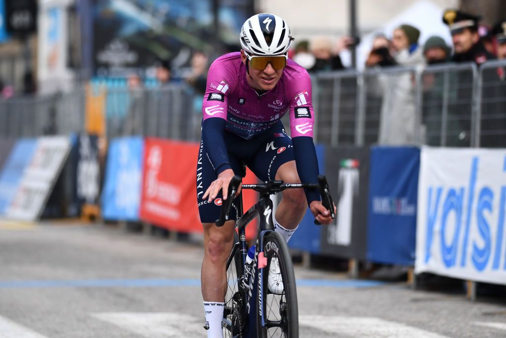 CARPEGNA ITALY MARCH 12 Remco Evenepoel of Belgium and Team QuickStep Alpha Vinyl Purple Sprint Jersey crosses the finish line during the 57th TirrenoAdriatico 2022 Stage 6 a 215km stage from Apecchio to Carpegna 746m TirrenoAdriatico WorldTour on March 12 2022 in Carpegna Italy Photo by Tim de WaeleGetty Images