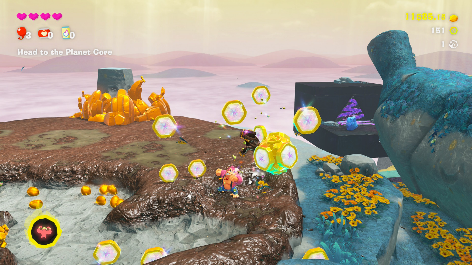 Hoovering up colectibles in Donkey Kong Bananza.