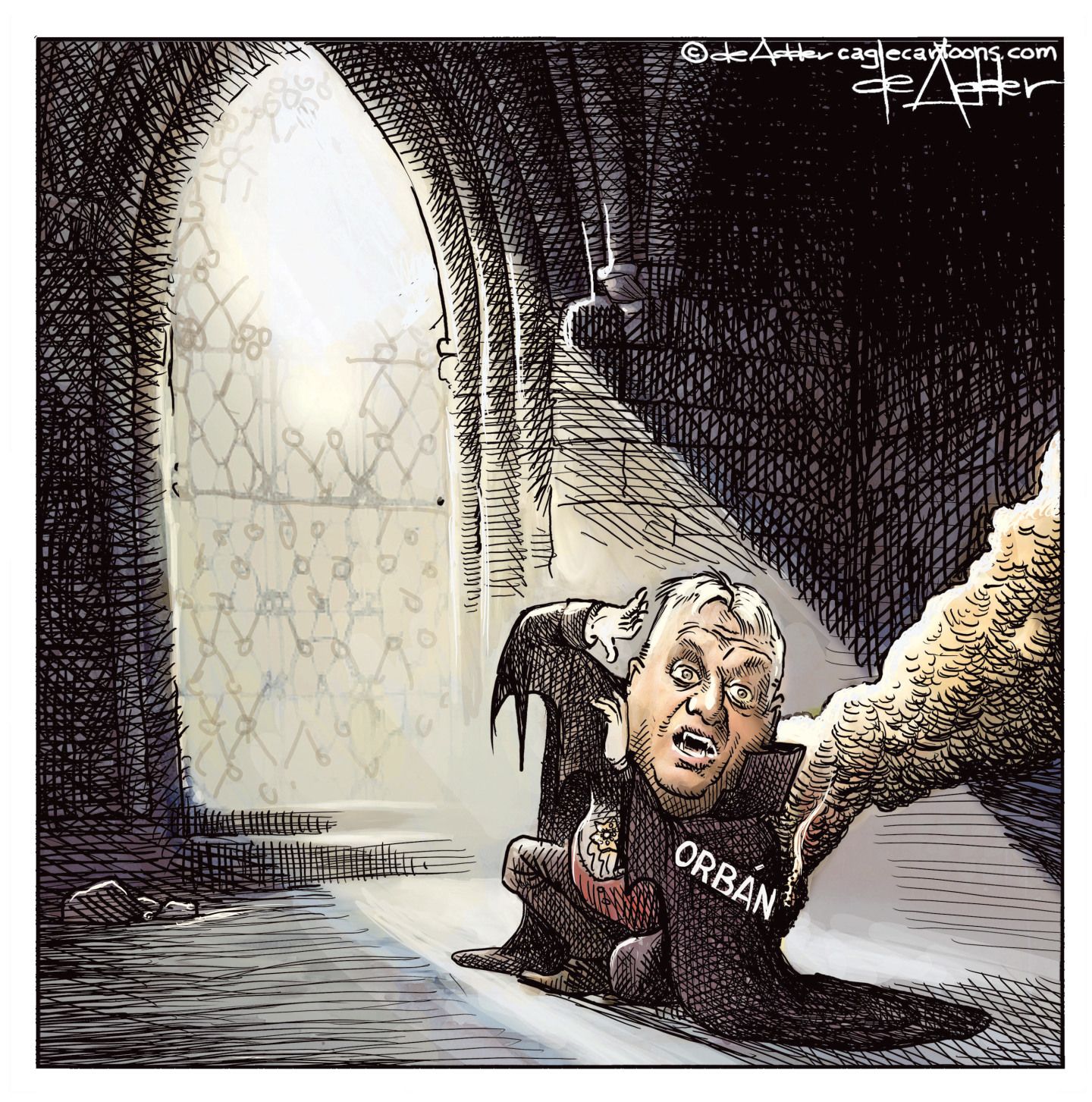 
                                This cartoon depicts Victor Orban as a vampire being repulsed by rays of sunshine streaming into his castle lair. He recoils and turns into smoke.
                            
