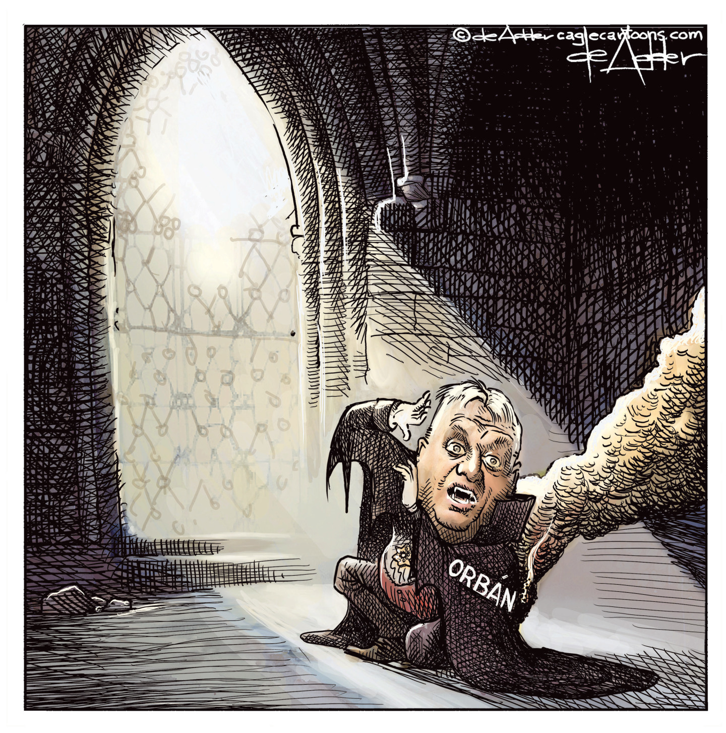 This cartoon depicts Victor Orban as a vampire being repulsed by rays of sunshine streaming into his castle lair. He recoils and turns into smoke.