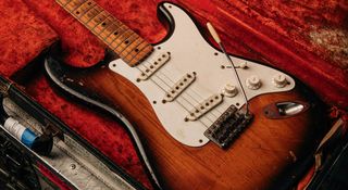 Jeff Beck's 1954 Fender Stratocaster sits in its case as it awaits auction at Christie's.