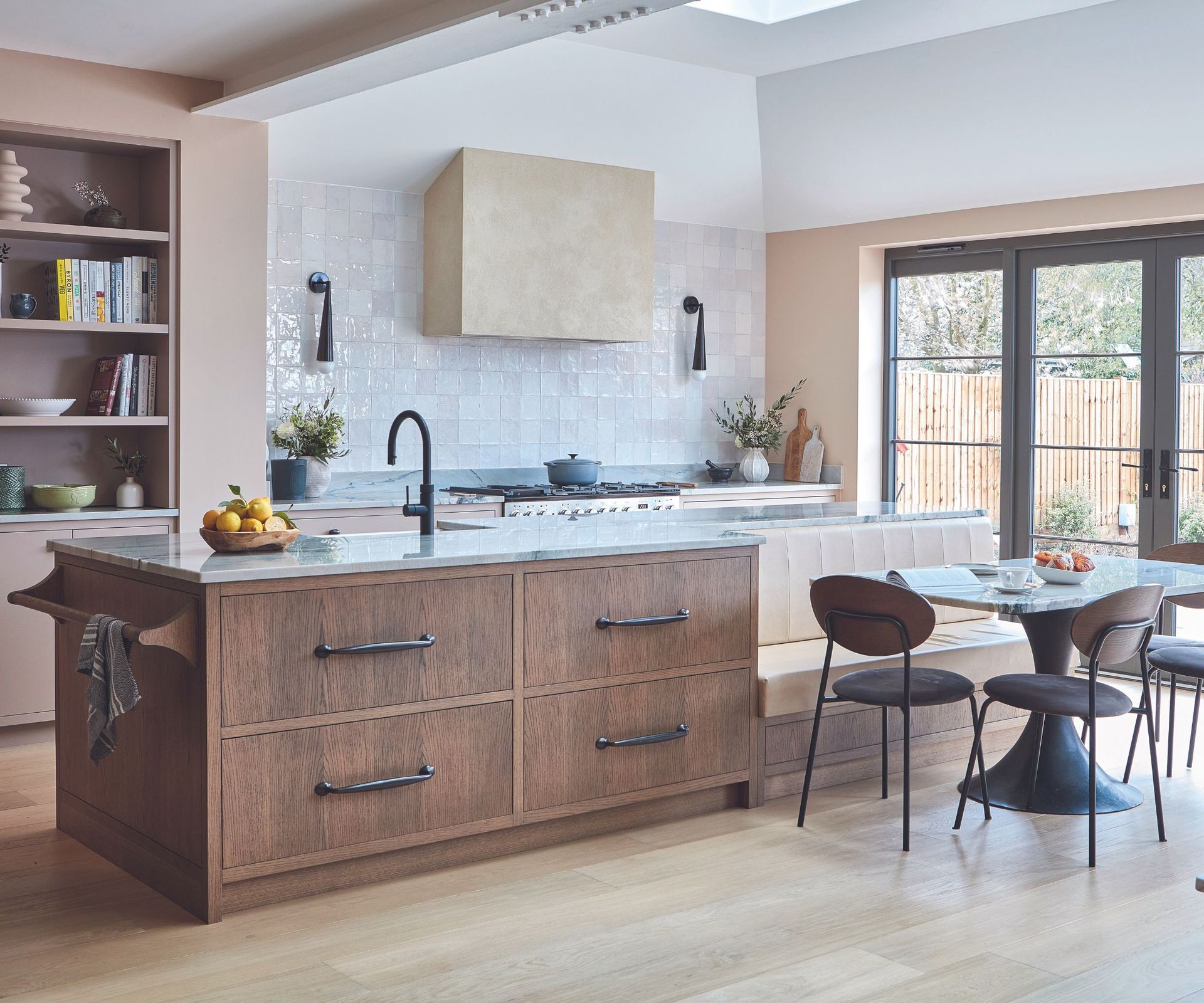 Wooden kitchen island drawers, white tiles