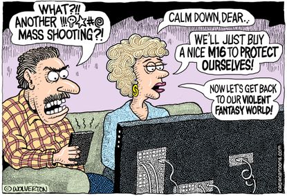 Political Cartoon U.S. Mass Shooting M16s Good Guys With Guns