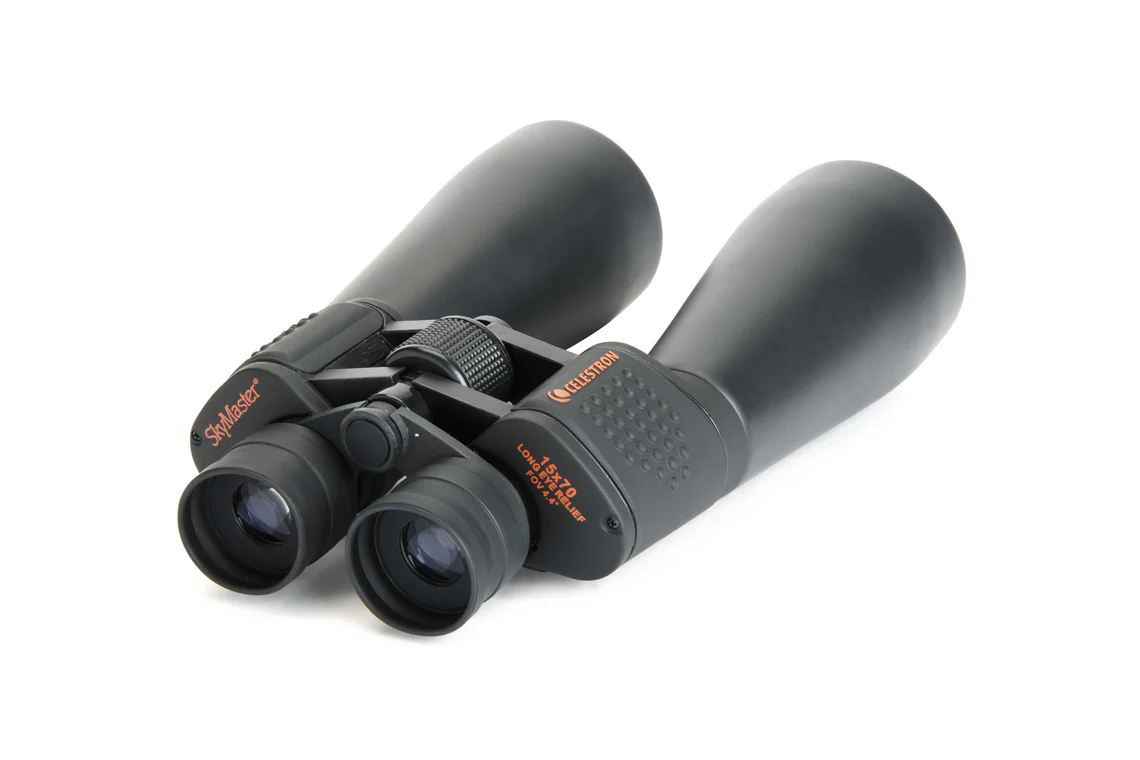 Rear view of Celestron SkyMaster 15x70 binoculars.