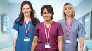  PARMINDER NAGRA as Maryam Afridi,LARA PULVER as Catherine MacDiarmid and LISA MCGRILLIS as Helen Cavendish on the ward for Maternal