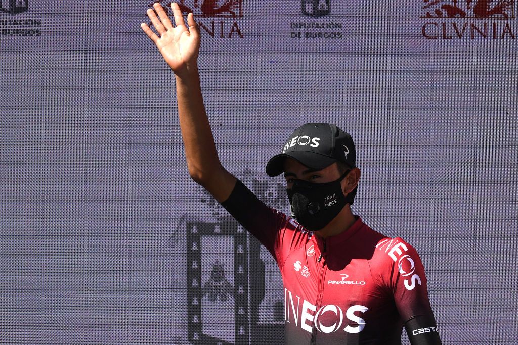 LAGUNAS DE NEILA SPAIN AUGUST 01 Podium Ivan Ramiro Sosa Cuervo of Colombia and Team INEOS Celebration Trophy during the 42nd Vuelta a Burgos 2020 Stage 5 a 158km stage from Covarrubias to Lagunas de Neila 1872m VueltaBurgos on August 01 2020 in Lagunas de Neila Spain Photo by David RamosGetty Images