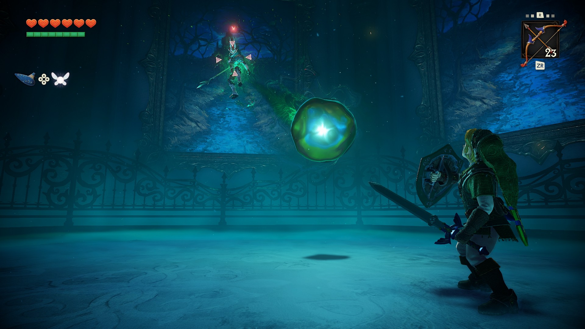 Link holds up his shield to reflect a green orb attack from Phantom Ganon in The Legend of Zelda: Ocarina of Time remake, who hovers in front of a painting in a room filled with them