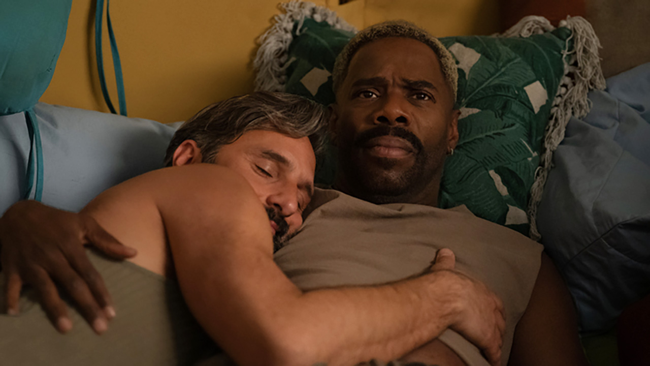 Colman Domingo uncomfortable in his tent while hugging his Four Seasons partner.