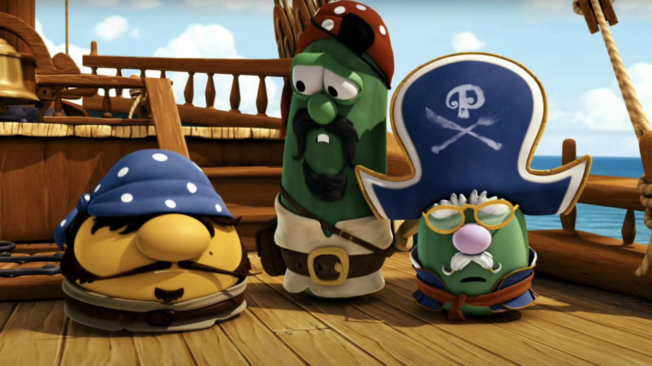 Larry the Cucumber and others in The Pirates Who Don’t Do Anything: A VeggieTales Movie