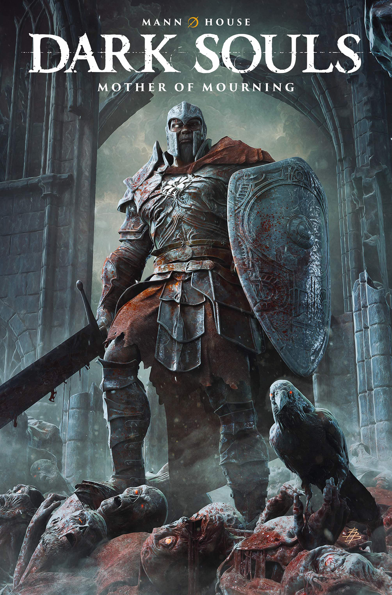 A knight standing on top of a slain horde of undead