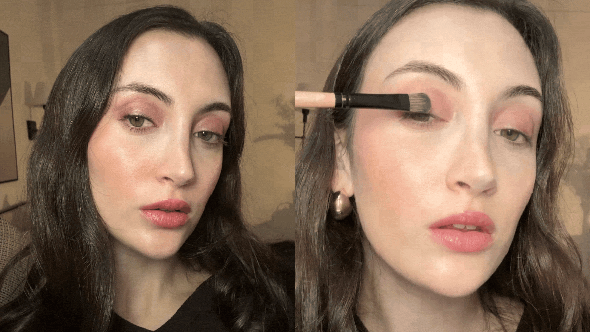 Associate beauty editor Alyssa Brascia wearing and applying cream eye shadow.
