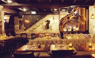 La Bodega Negra Restaurant, London, with wine glasses and lights