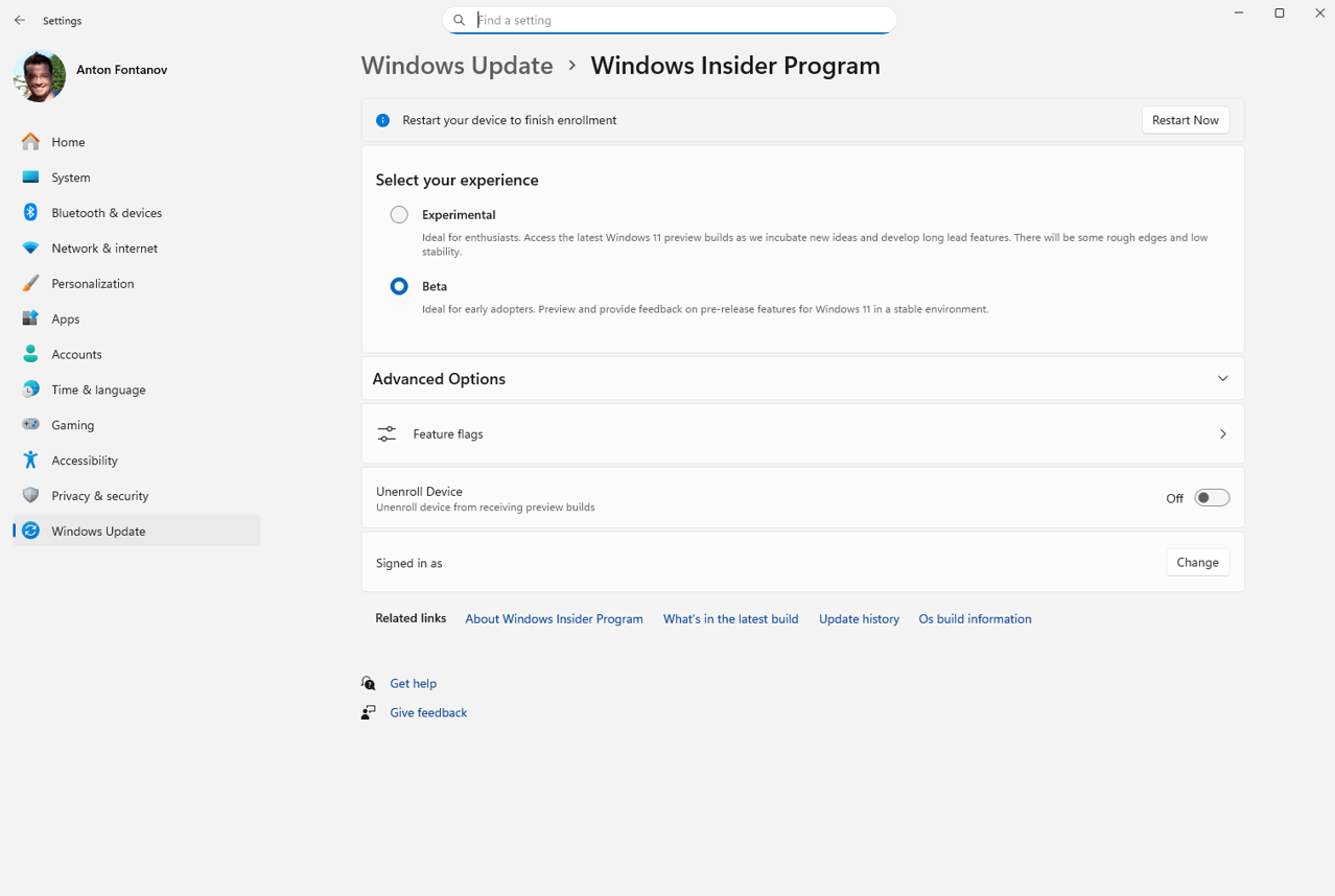 Windows Insider Program options menus.