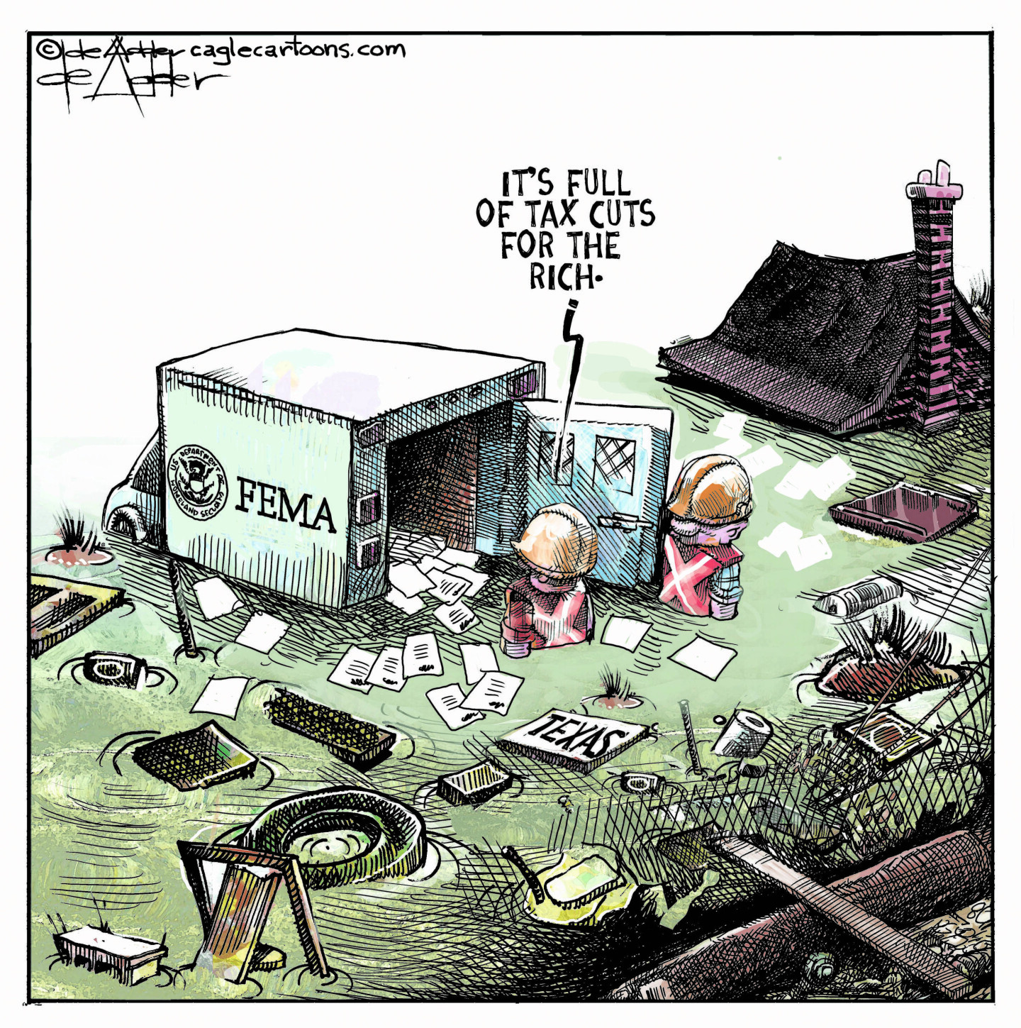 This cartoon depicts a flooded scene in Texas with a house underwater and various items floating away, including a tire. A FEMA truck is here with its back door open. The inside of the truck is mostly empty except for a few pieces of paper. There are two workers here and one says to the other, “It’s full of tax cuts for the rich.”