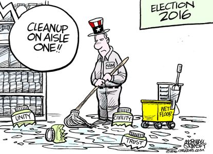 Political cartoon U.S. 2016 election Hillary Clinton Donald Trump cleanup