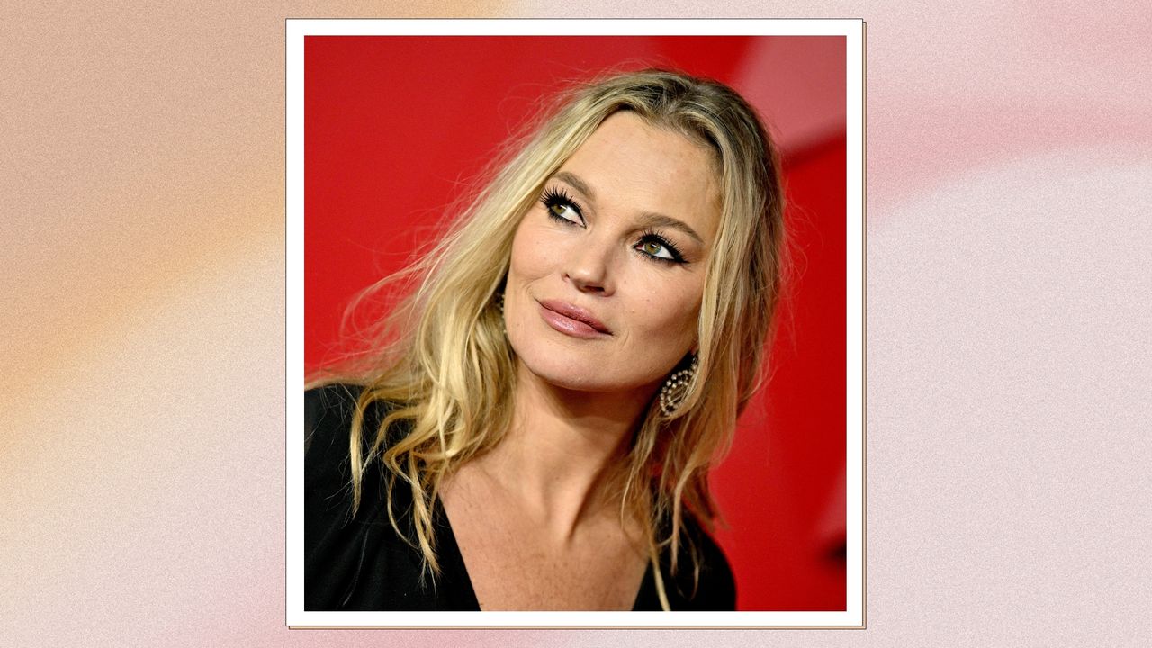 Kate Moss is pictured wearing eyeliner and a black dress as she attends The Fashion Awards 2023 presented by Pandora at the Royal Albert Hall on December 4, 2023 in London, England/ in an orange and pink gradient template