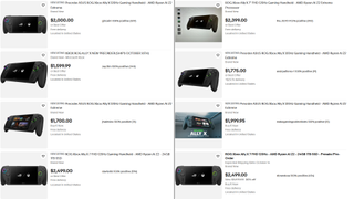 An eBay screenshot showing many grossly overpriced ROG Xbox Ally X systems.
