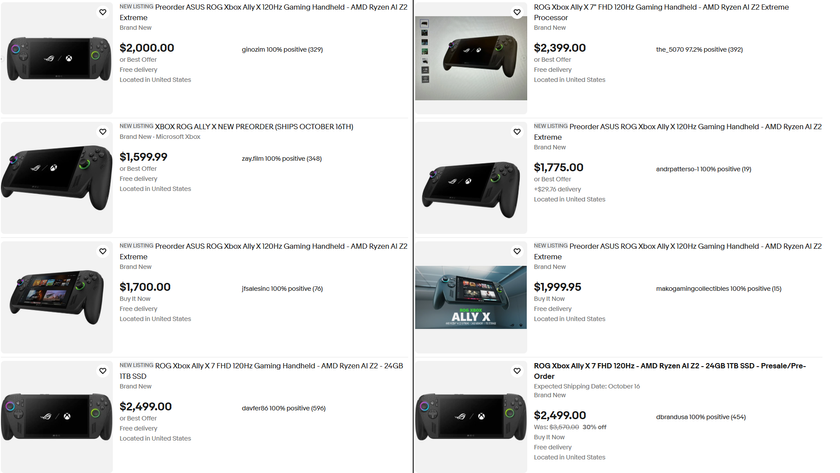 An eBay screenshot showing many grossly overpriced ROG Xbox Ally X systems.