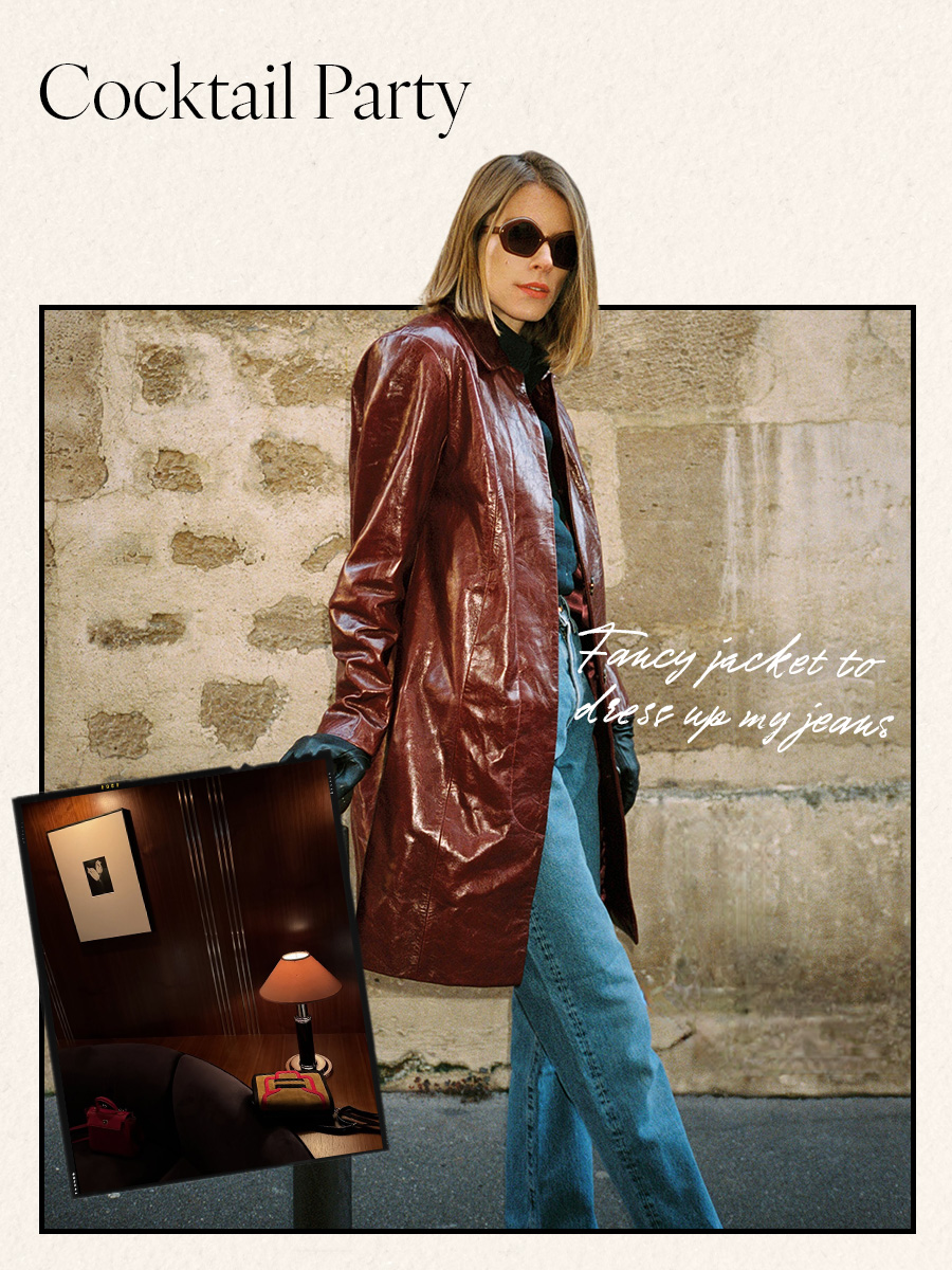 Woman in burgundy trench and jeans