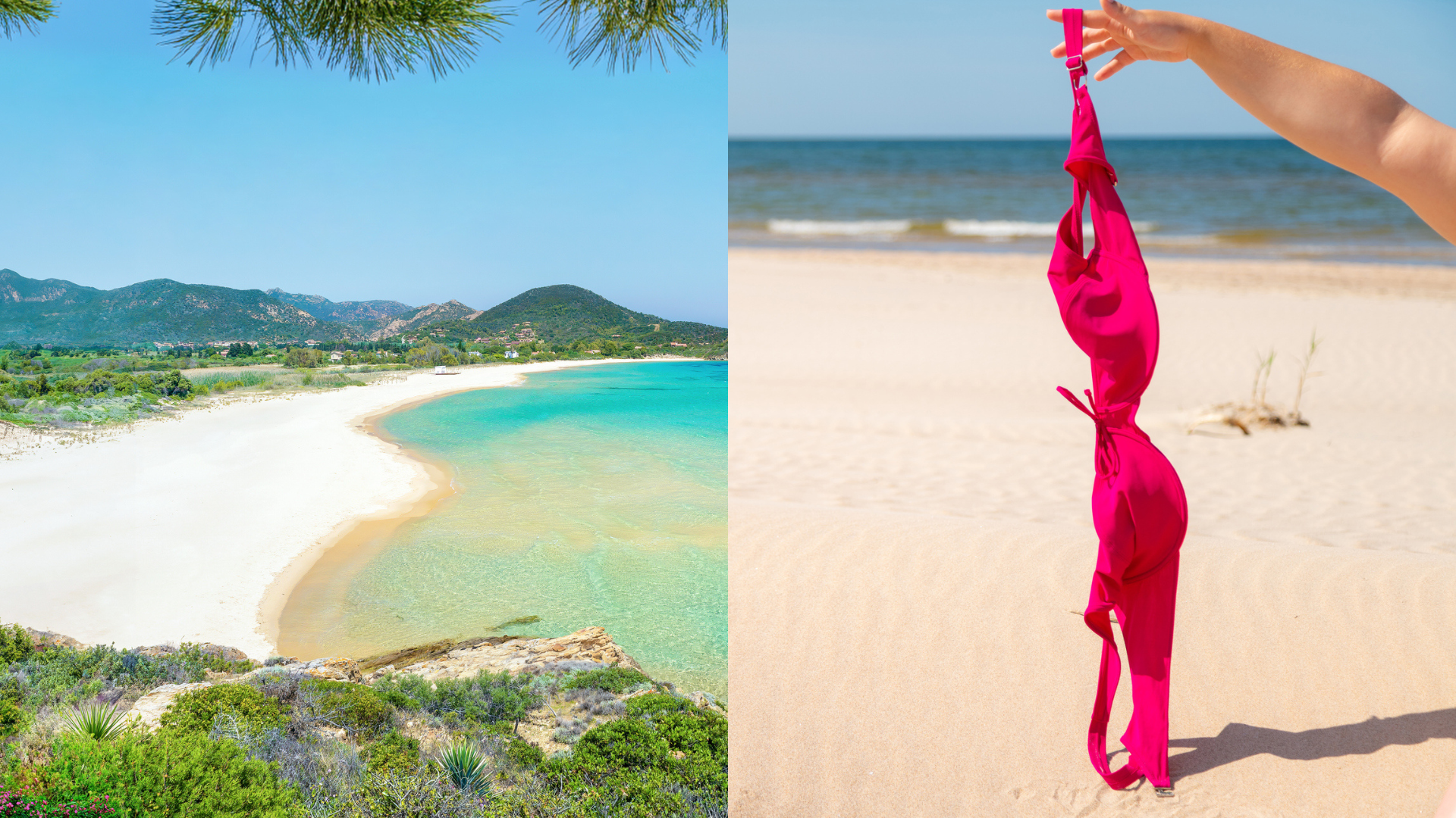 A split photo shows a beautiful sandy beach, and a woman&#039;s hand holding out a bikini top, about to drop it