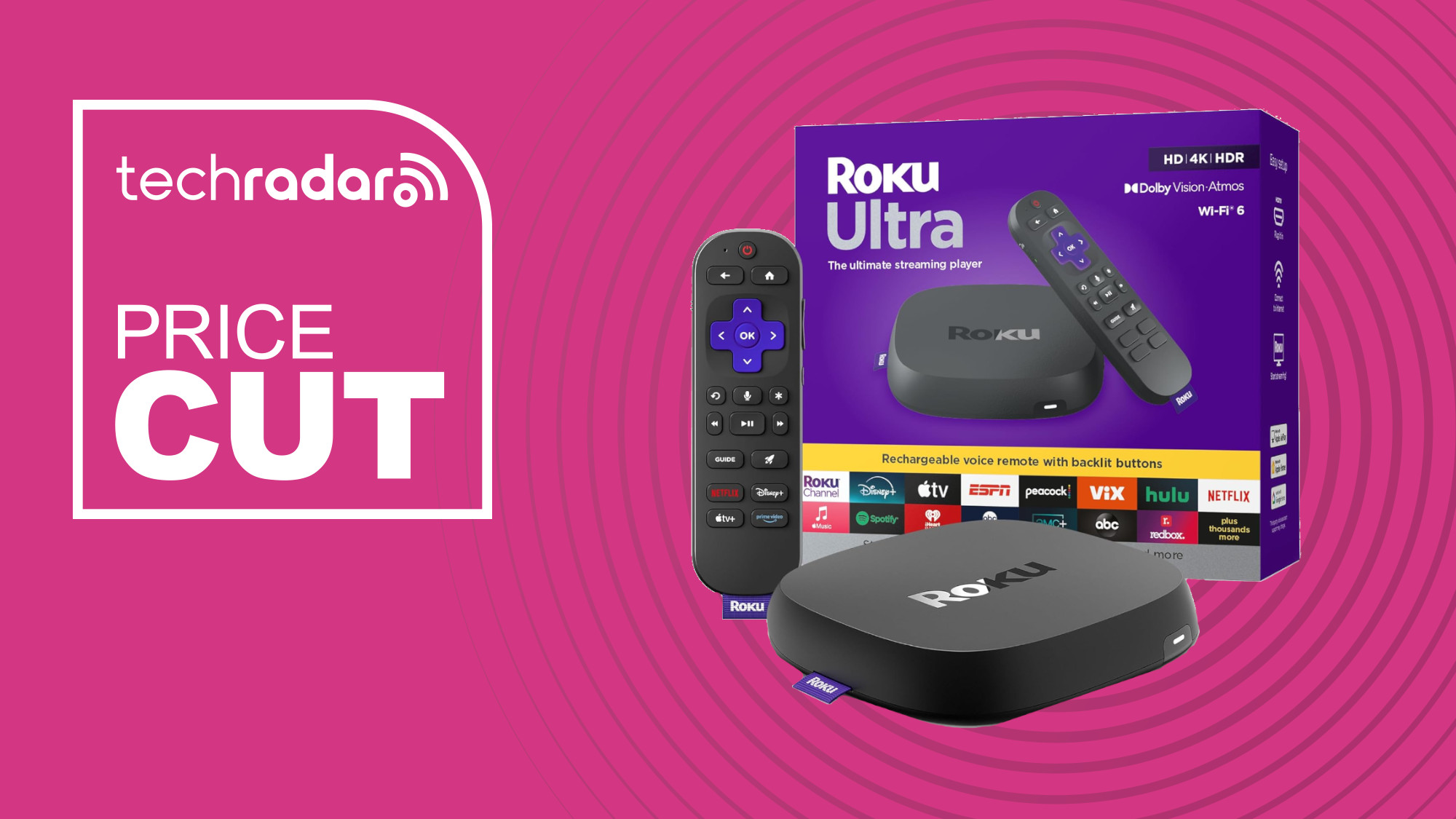 Roku Ultra 2024 on a pink background