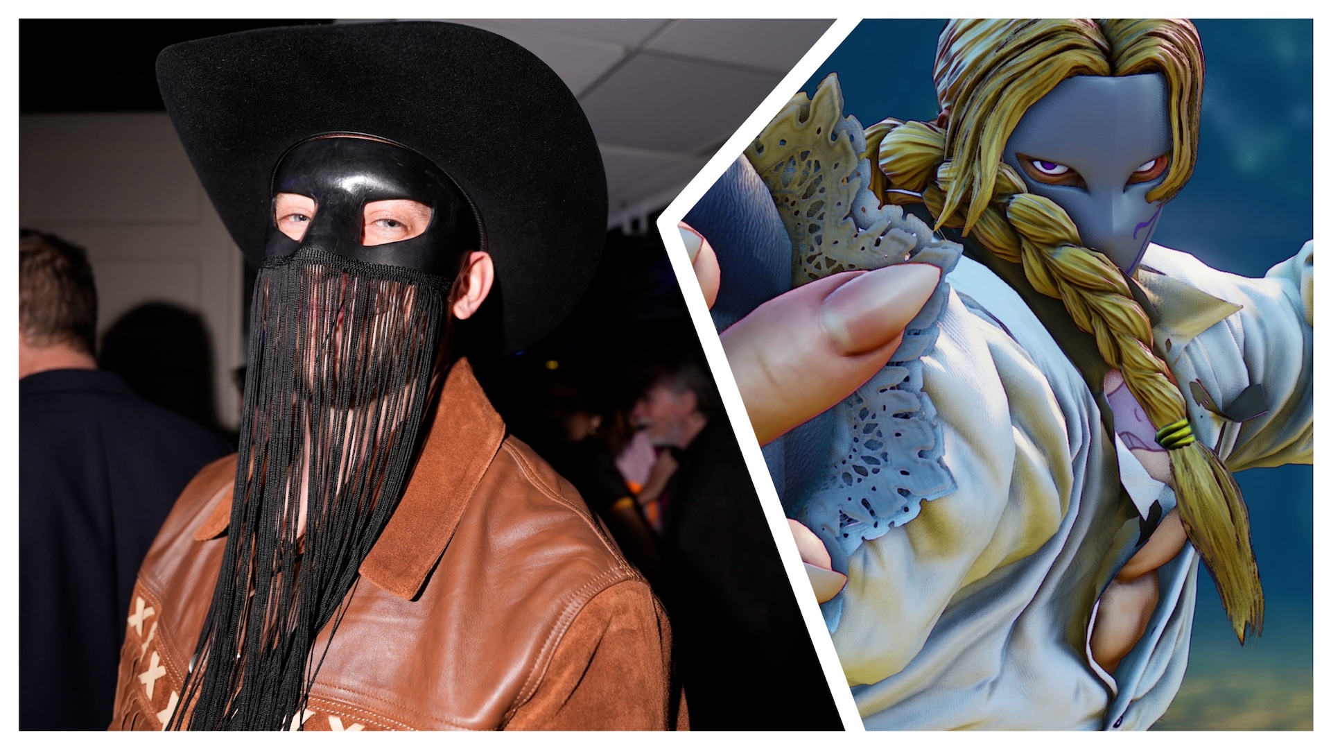 On the left is Orville Peck wearing his signature mask and hat and on the right is Vega from Street Fighter