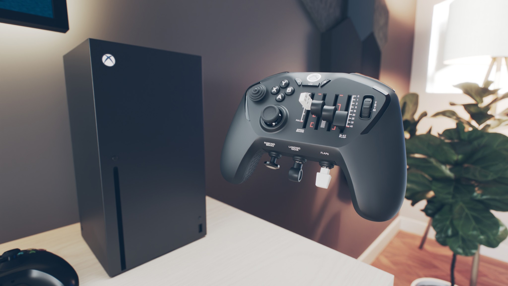 A Honeycomb Aeronautical Echo Aviation Controller XPC floats in front of an Xbox Series X on a light wooden surface.