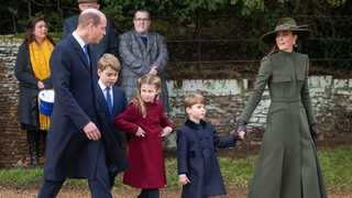 Prince William, Prince of Wales, Prince George, Princess Charlotte, Prince Louis and Catherine, Princess of Wales attend the Christmas Day service at Sandringham Church on December 25, 2022 in Sandringham, Norfolk