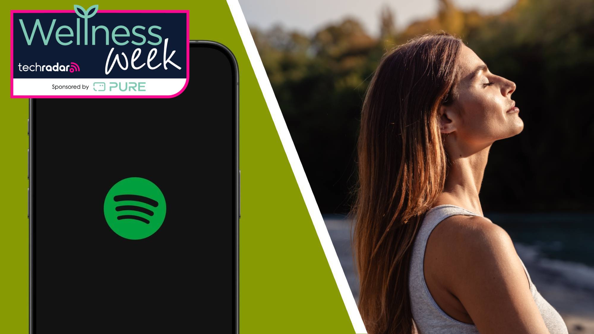 The Spotify logo on an iPhone next to an image of a lady in sunlight, looking relaxed with her eyes closed 
