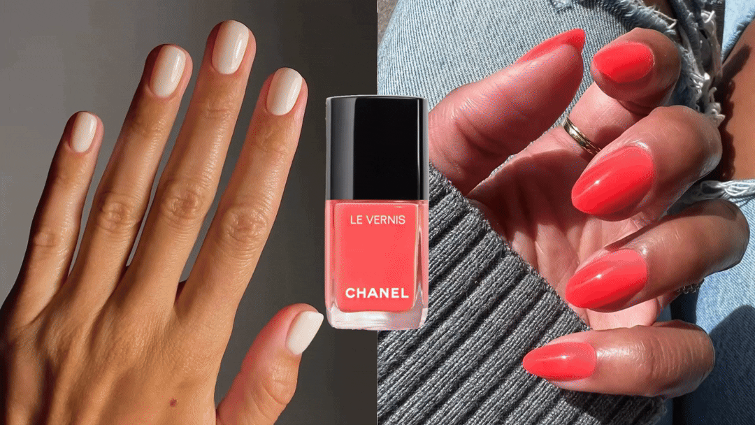 A split image of two manicures and different nail polish colors.