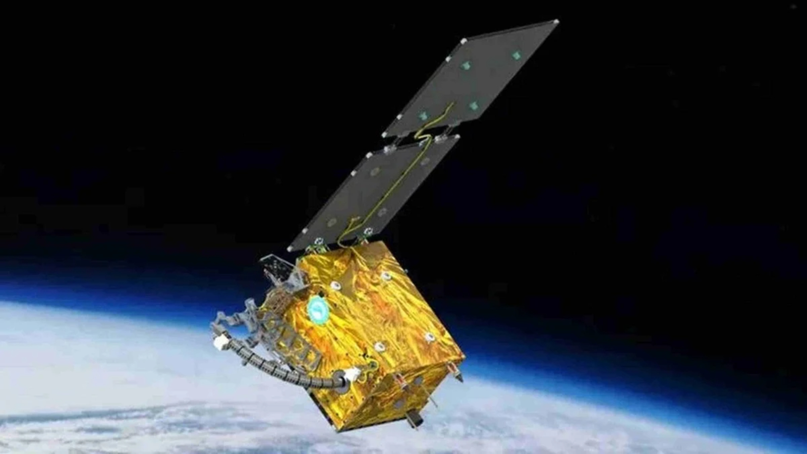 An artist's illustration of the Hukeda-2 satellite in orbit around Earth