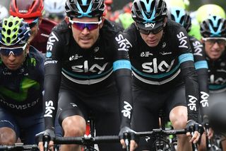 Nairo Quintana, Luke Rowe and Chris Froome rides in the pack during the 183 km second stage of the 103rd edition of the Tour de Franc