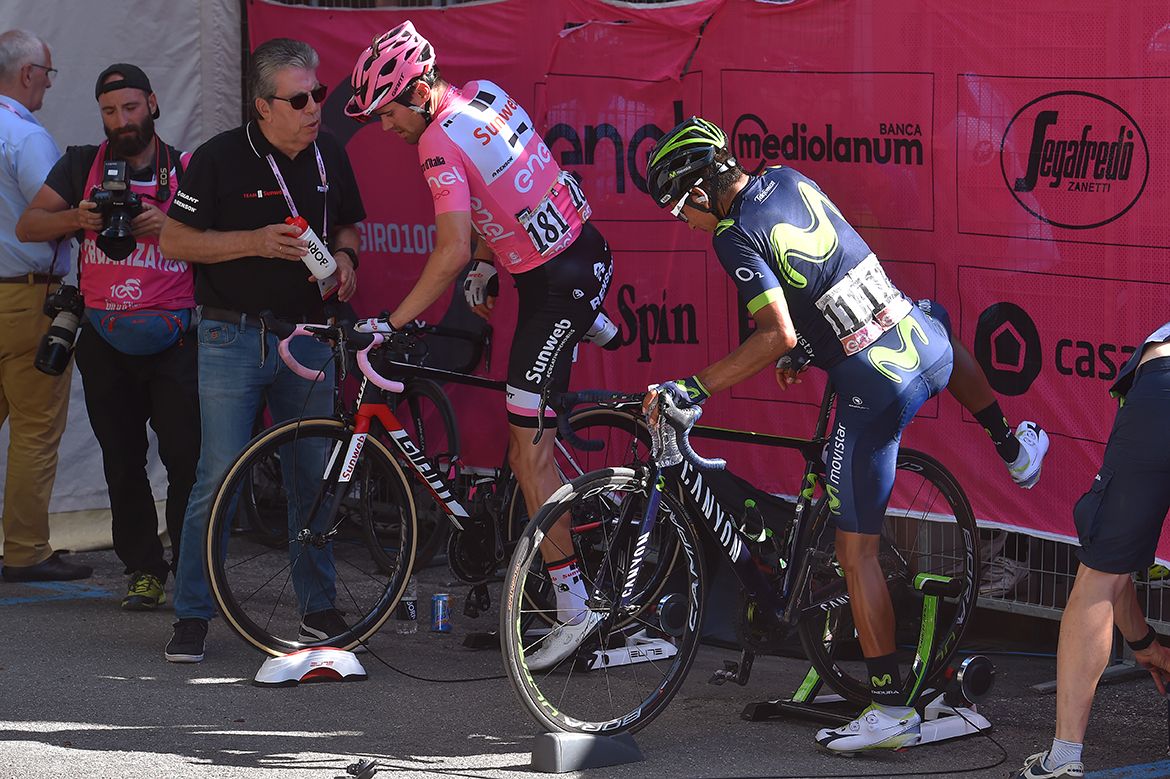 Tom Dumoulin and Nairo Quintana cool down after the stage