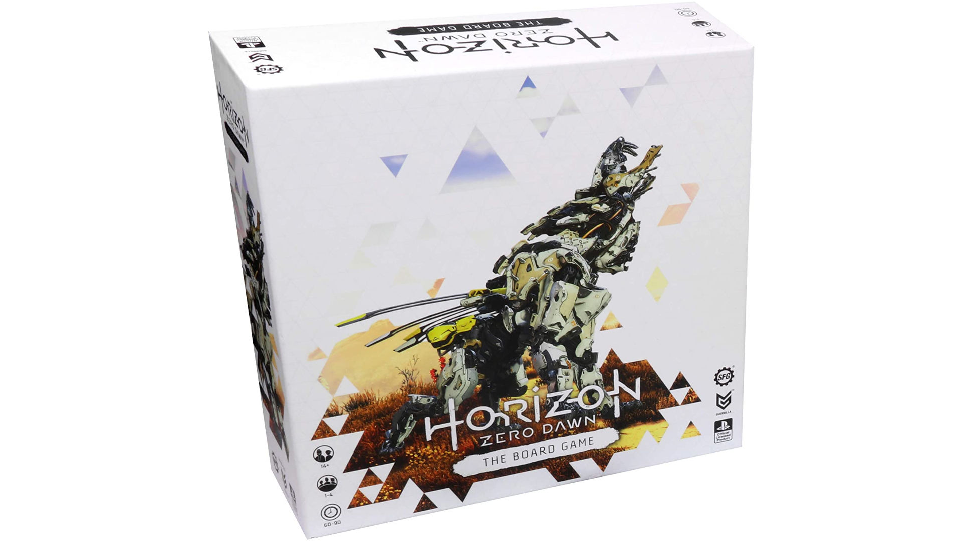 Box art of the Horizon Zero Dawn board game showing a Sawtooth roaring