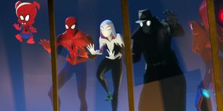Spider-Man: Into The Spider-Verse the Spider People looking in on an event through a window