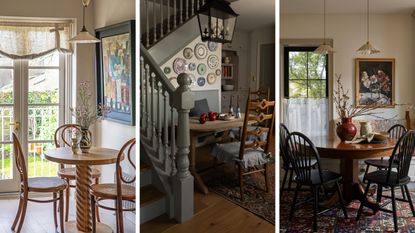 a trio of images of bistro dining nooks, the first is set by a window with a small wooden round table and chairs, the middle a nook under a blue staircase with vintage wooden furniture, and third a banquette set with round table and black chairs
