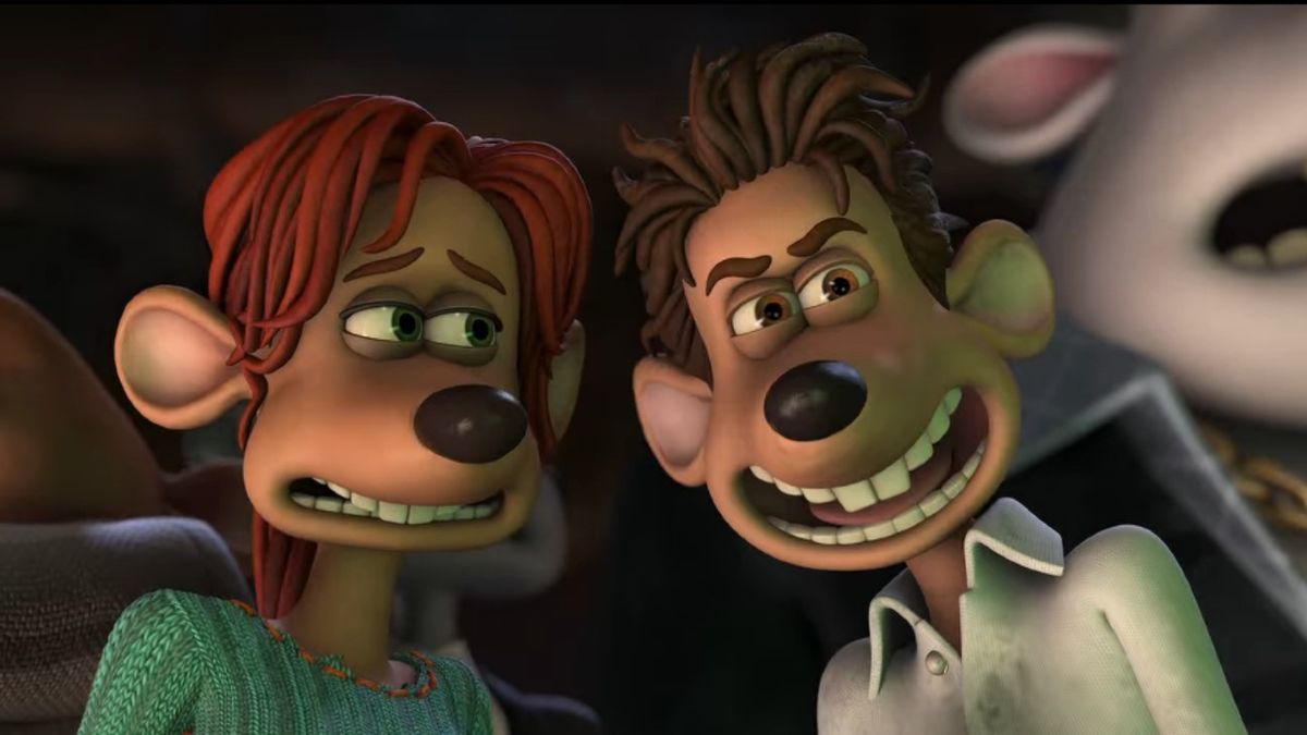 Rita (Kate Winslet) and Roddy (Hugh Jackman) in Flushed Away