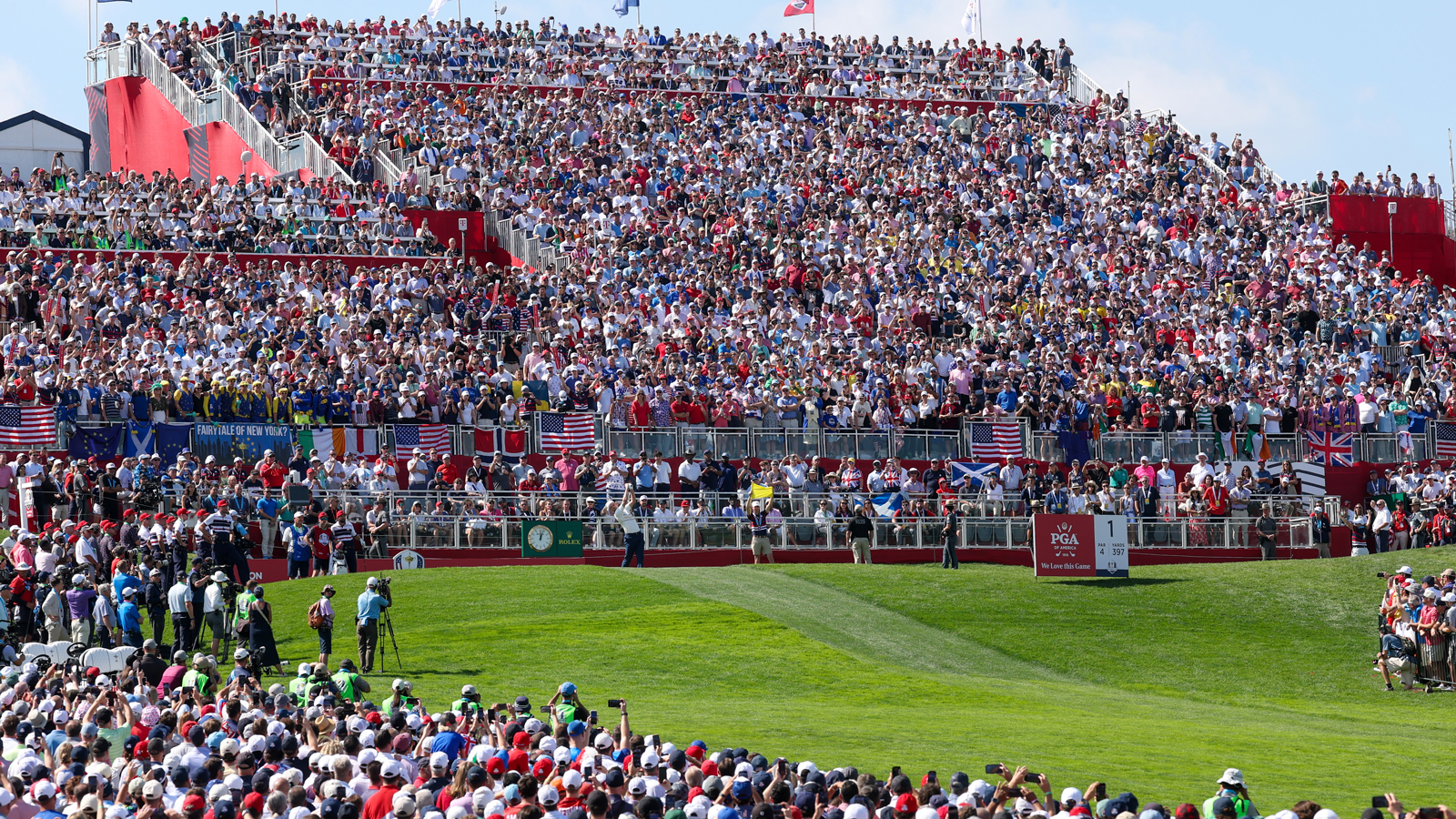 A general look of the first tee at the 2025 Ryder Cup