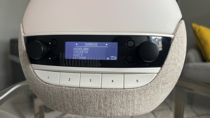 The screen of the Lumie Bodyclock Luxe 700FM sunrise alarm clock displaying a menu of different alarm sounds.
