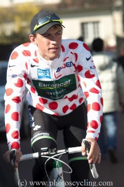 Mountains leader Damien Gaudin (Europcar) awaits the start of stage 2.