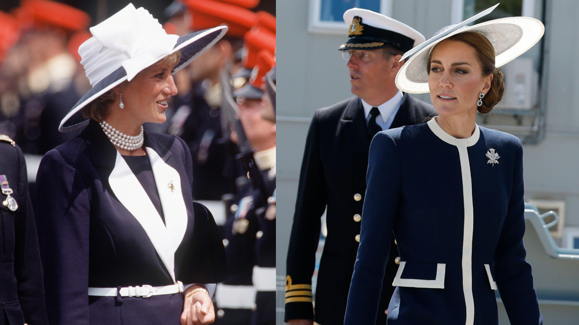 Diana in a navy and white coat next to Princess Kate in a similar coat and hat