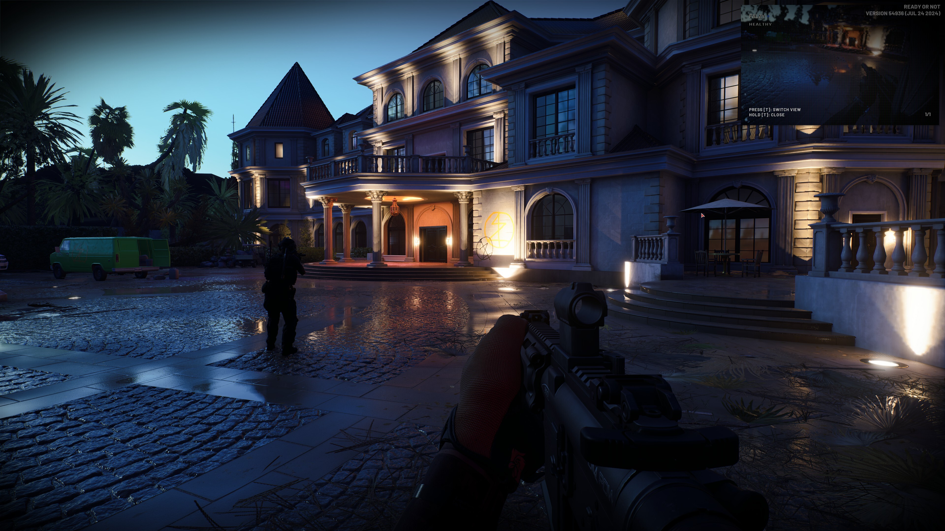 Figures with guns approach a house at night.