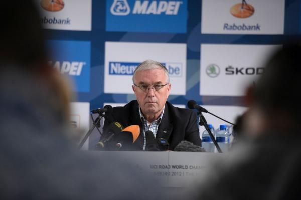 UCI president Pat McQuaid faces the media at a press conference during the road Worlds in Valkenburg.