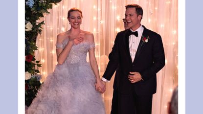 'Ginny & Georgia' wedding dress. Brianne Howey as Georgia, Scott Porter as Mayor Paul Randolph in episode 210 of Ginny & Georgia