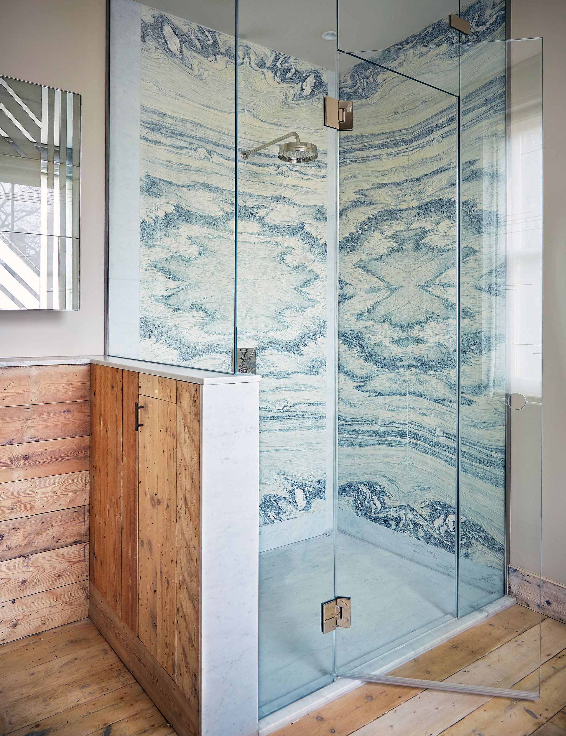 Small shower room with marble backsplash