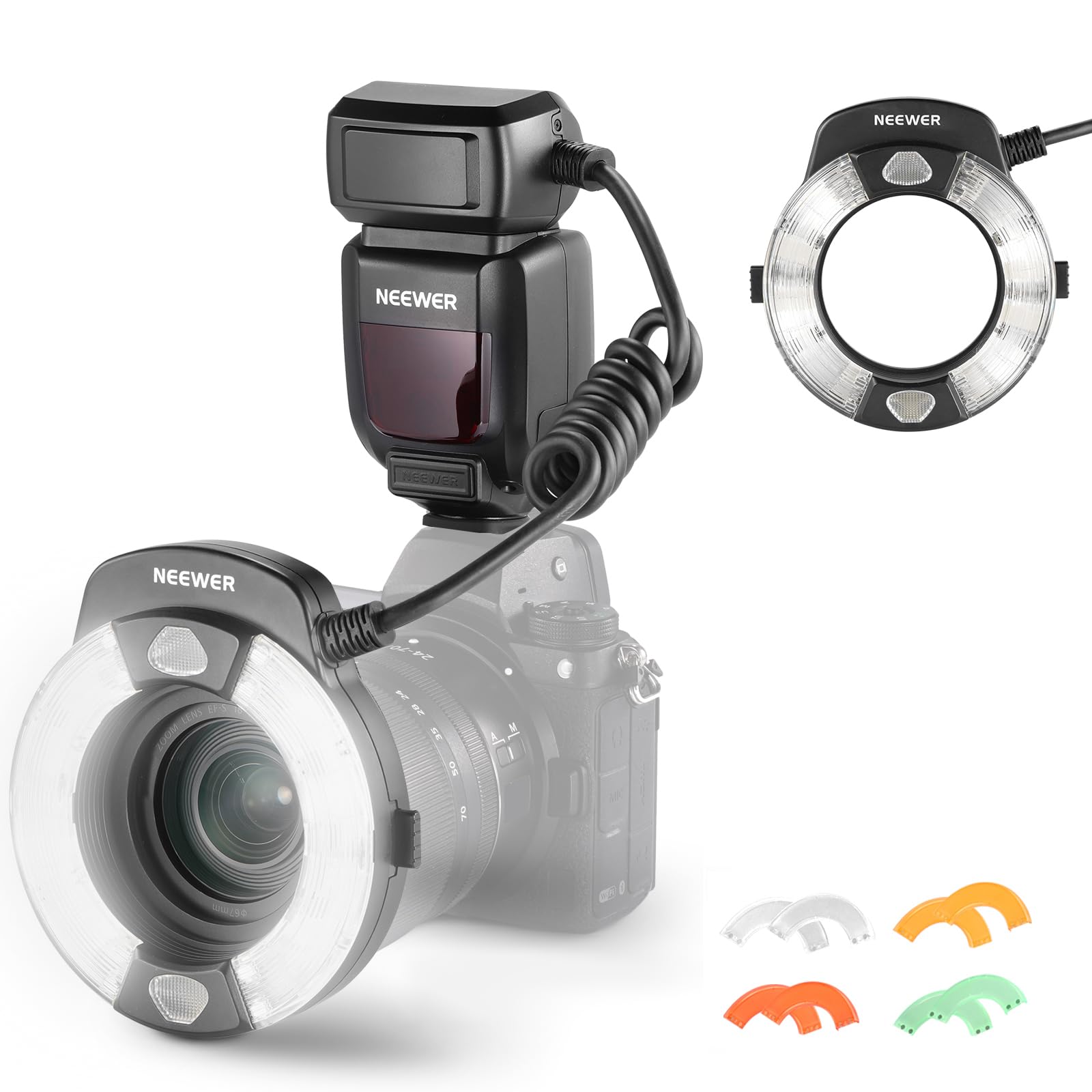 Neewer RF1 Macro Ring Flash on ghosted camera showing colored filters