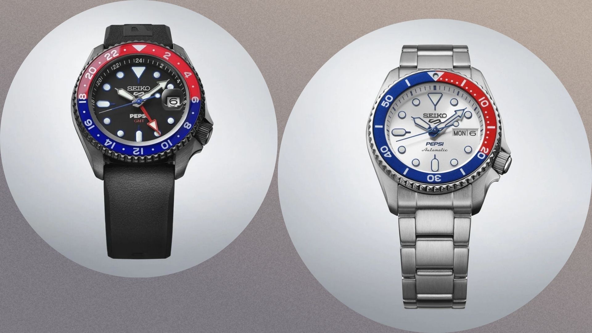 The Seiko Pepsi watch in black on the left and silver on the right