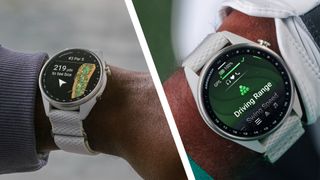 A two way image of the new Garmin Approach S72 golf watch showing two different screens, one from on course, and one at the driving range