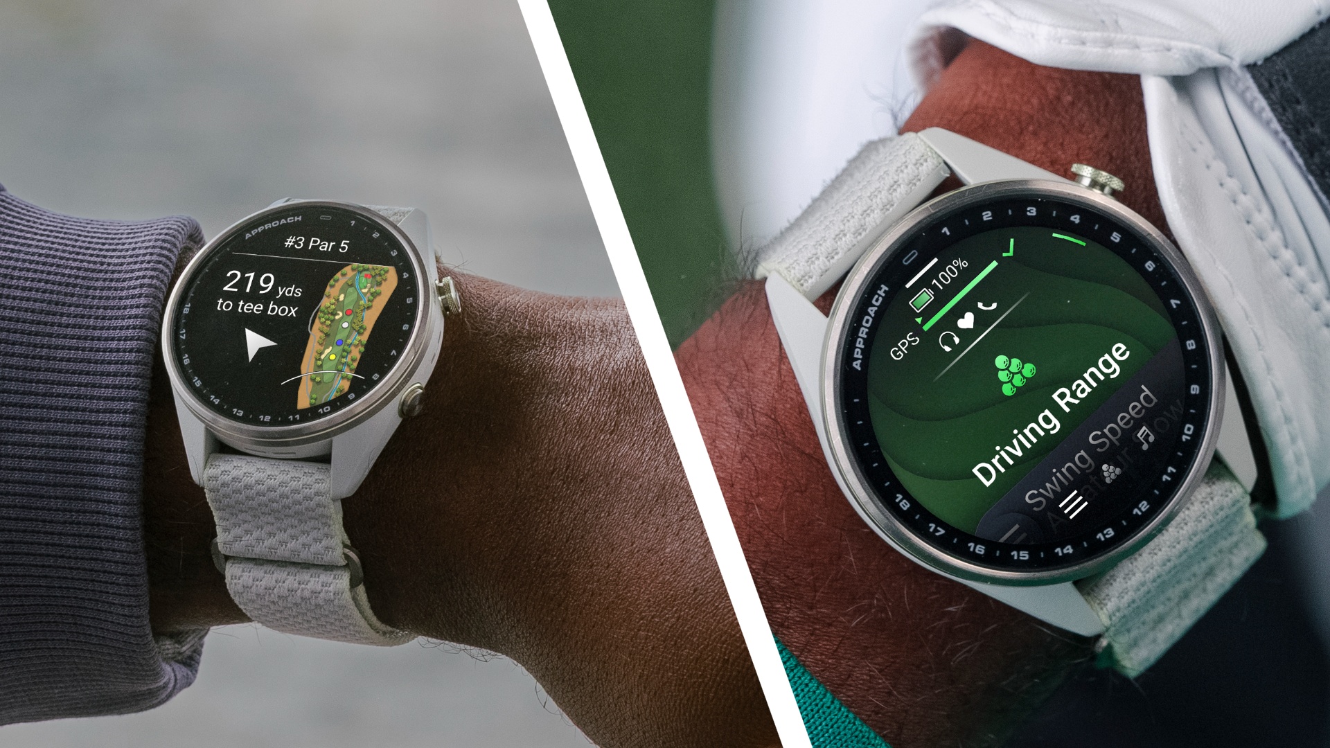 A two way image of the new Garmin Approach S72 golf watch showing two different screens, one from on course, and one at the driving range
