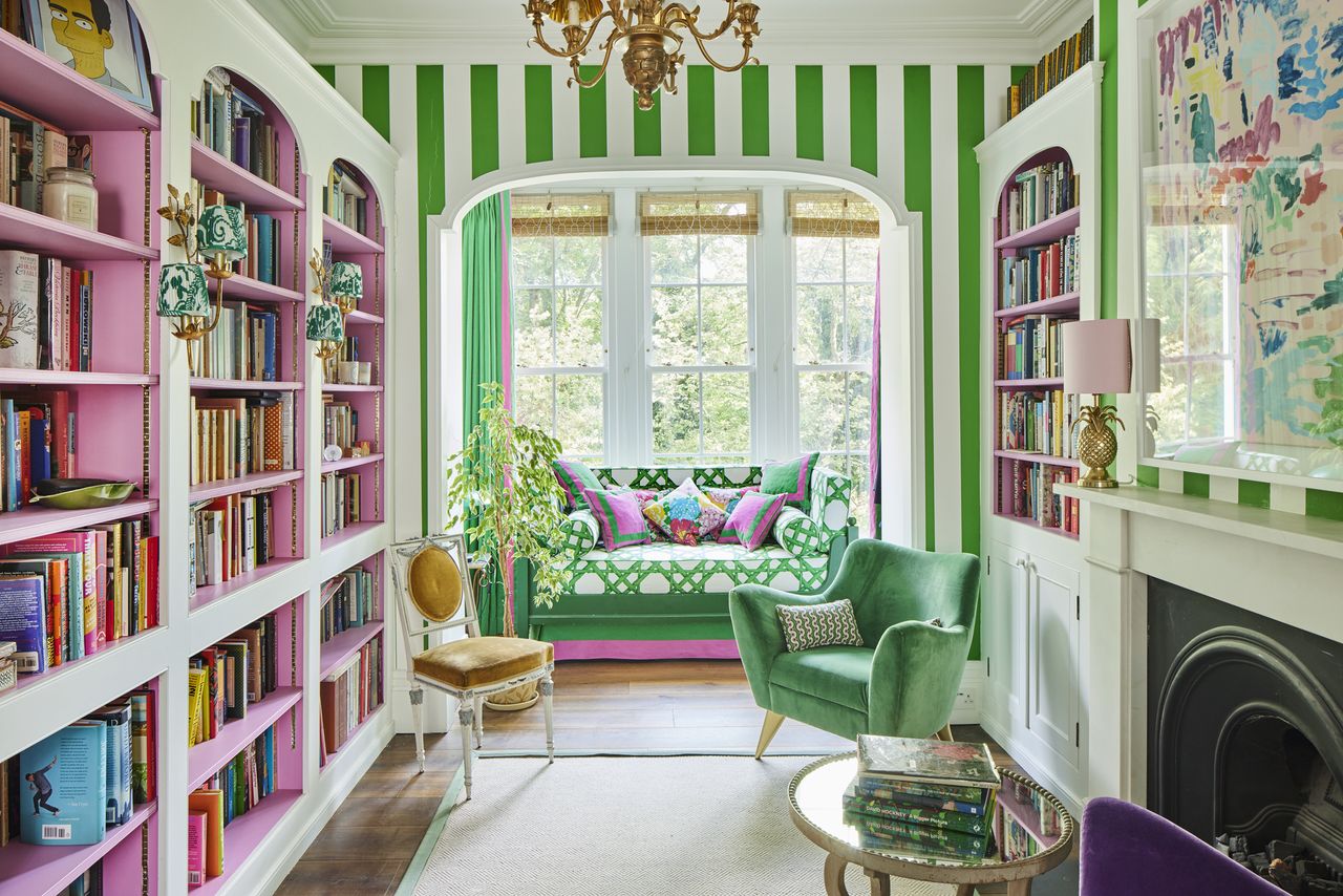 living room with bold striped wallpaper